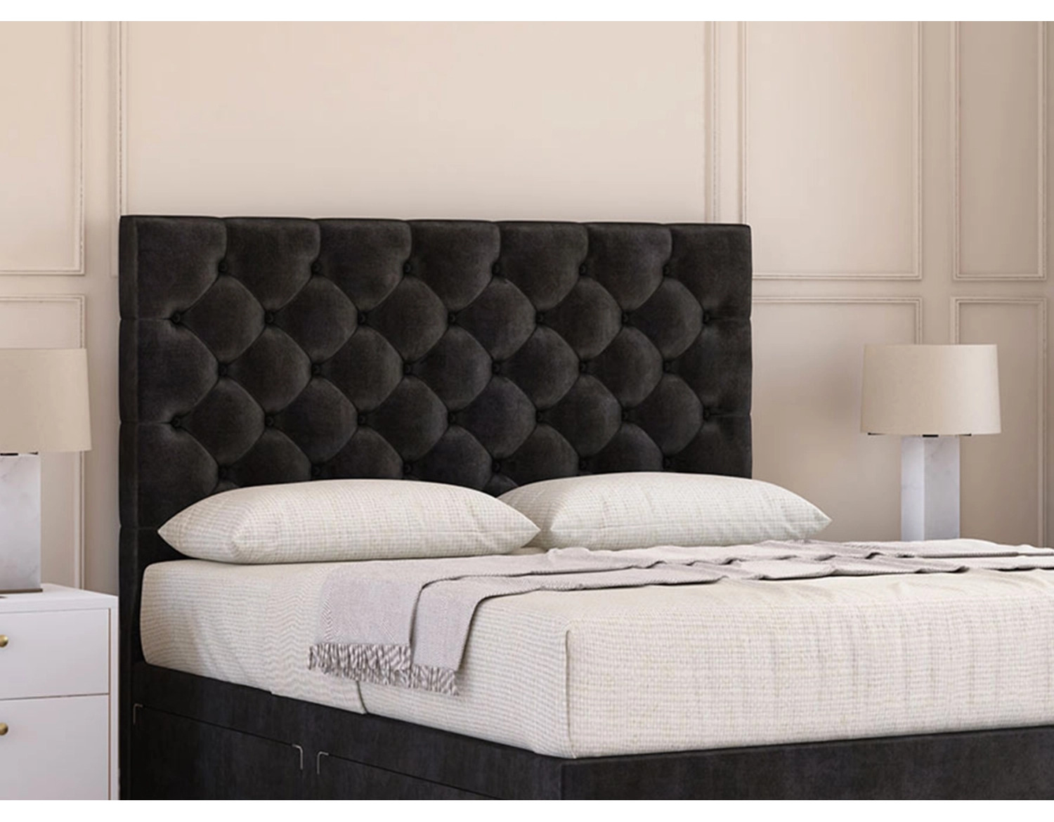 A luxurious black velvet headboard elegantly framed by a matching black headboard, creating a sophisticated bedroom aesthetic.